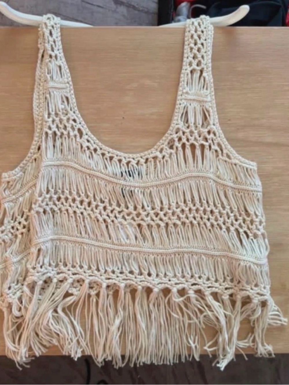 Forever 21 Cream Crochet Fringe Crop Tank